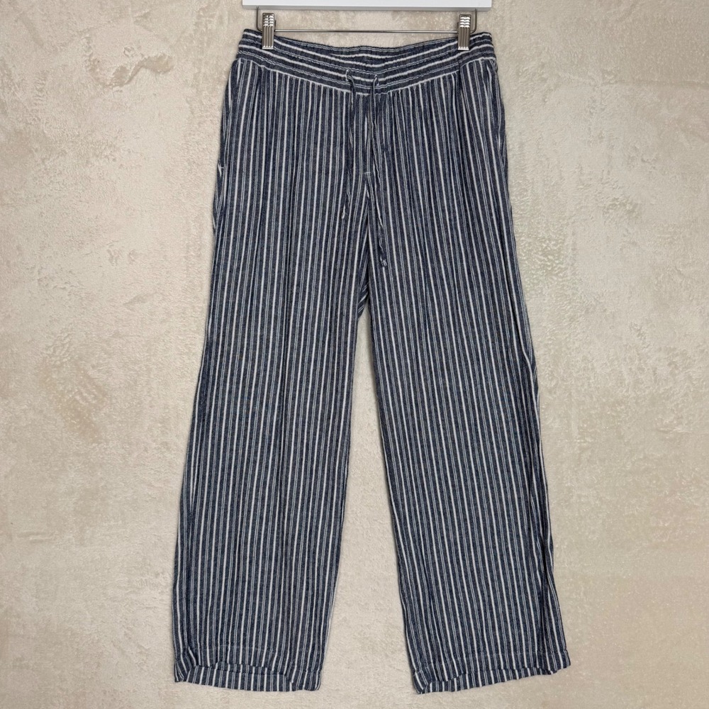 Womens Navy Blue White Striped Linen Blend Drawstring Straight Leg Pants Coastal